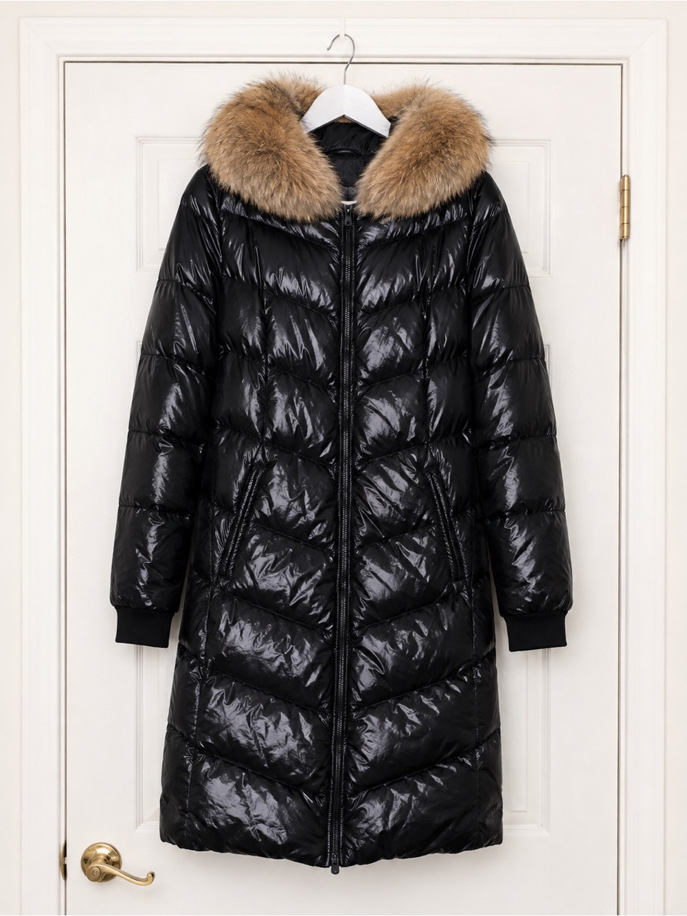 Bernardo Shiny Black Puffer with Tan Fur Trim